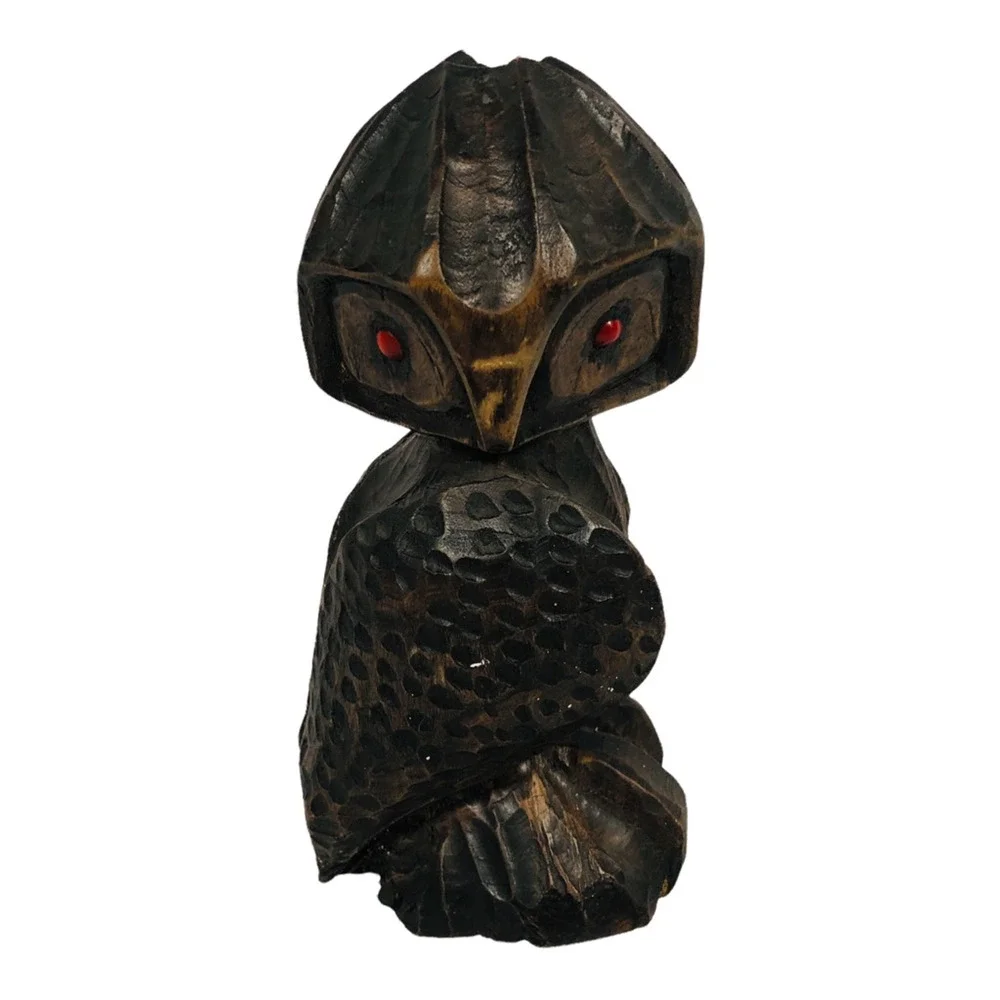 Vintage Norman Campbell Owl Carving Wooden‎ Wood Red Following Eyes 1990 Brown